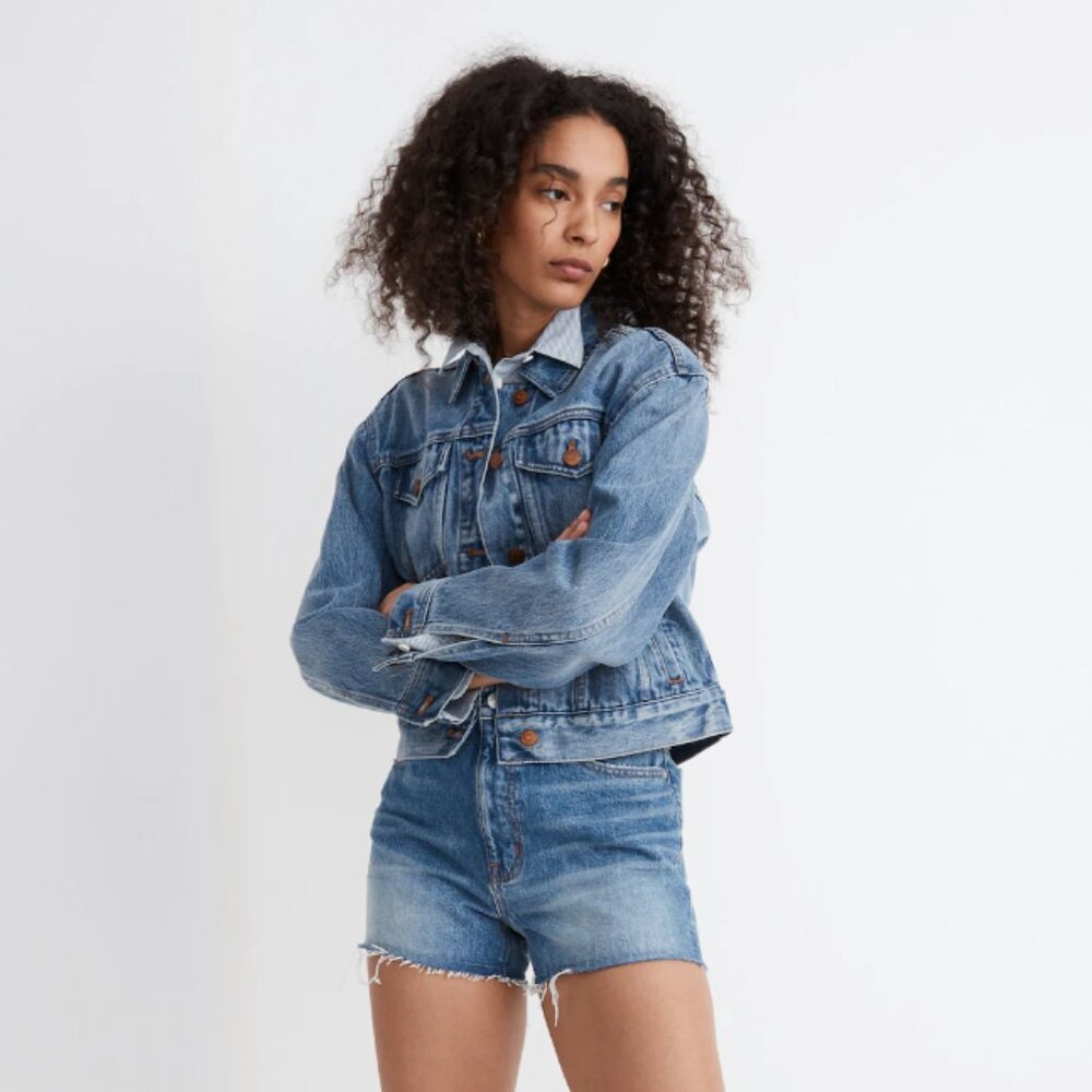 Madewell Cropped Trucker Jean Jacket in Woodlane Wash, Size S